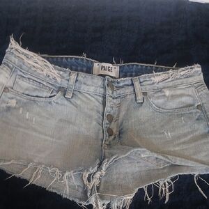 PAIGE Frayed Light Blue Button-Front Denim Shorts